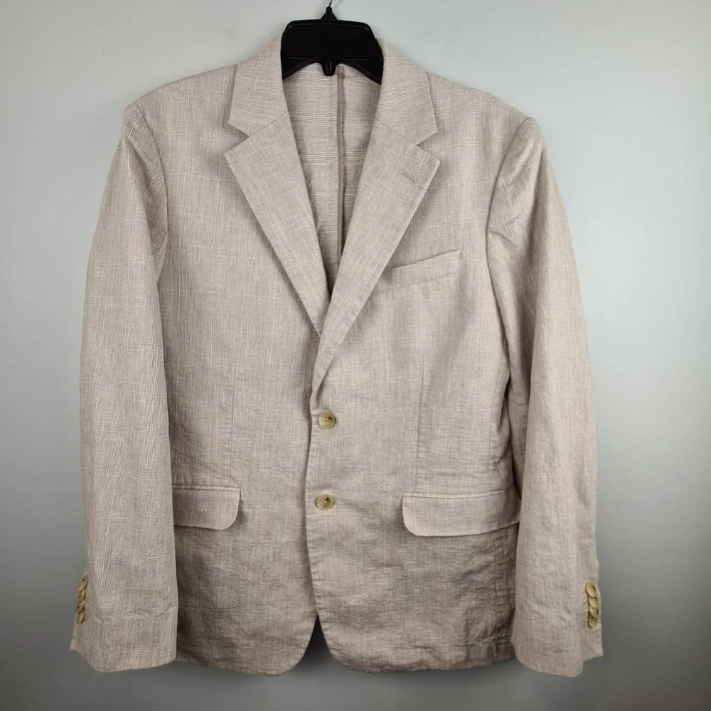 Banana Republic Mens 40S Tailored Linen Blend Glen Plaid Blazer Beige 40 Short
